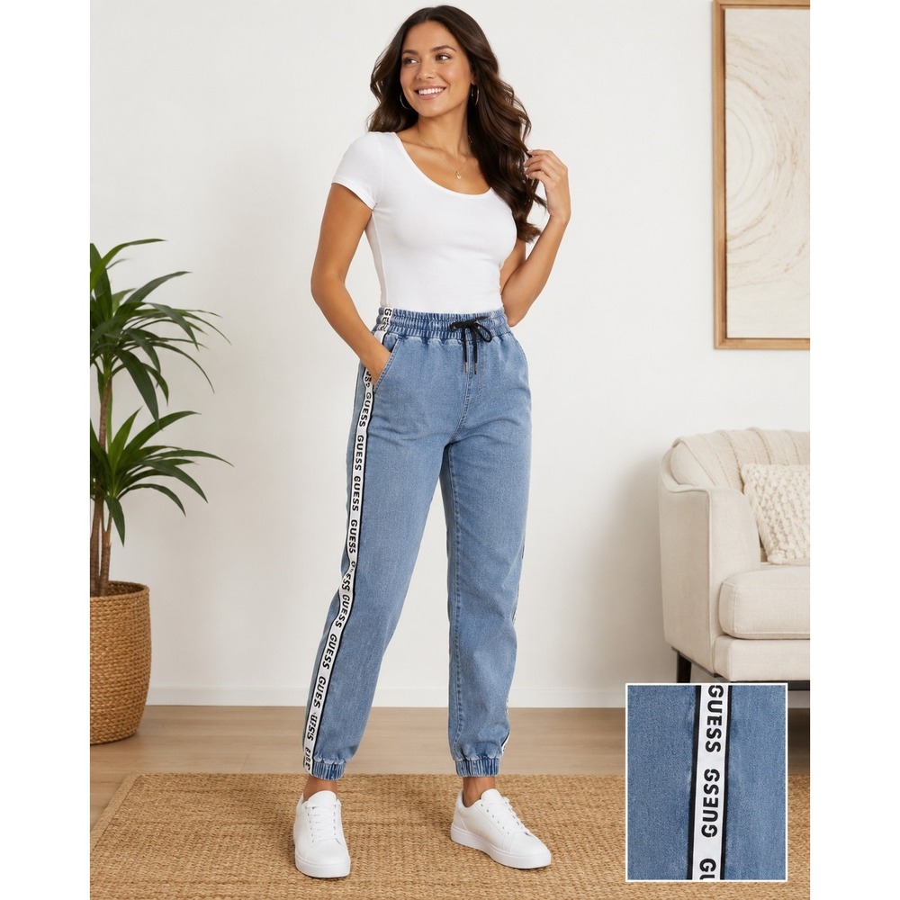 Guess Jeans Medium M Blue Denim Jogger Pants Logo Tape Side Stripe Elastic Waist